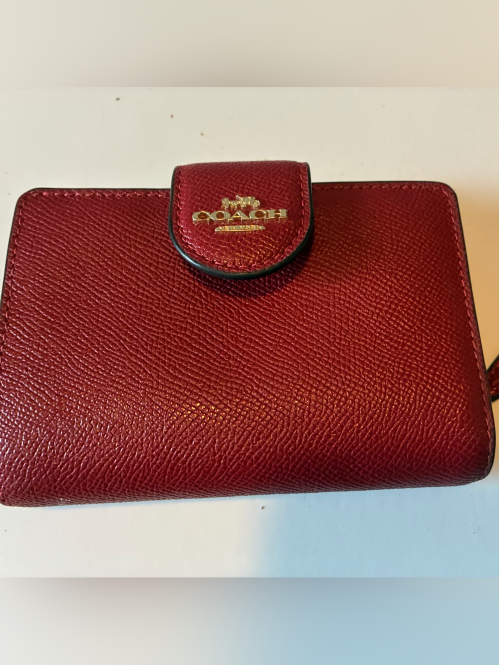 Coach Burgundy Pebbled Leather Wallet Case with Gold Logo